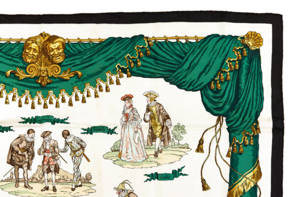 Hermes Silk Scarf Carre 90 "LA COMEDIE ITALIENNE" Green Silk Scarf - Image 3