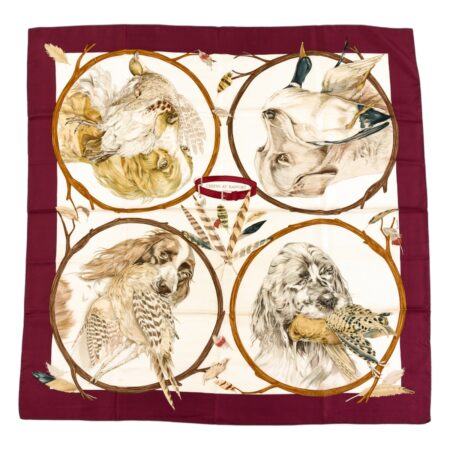 Hermes Silk Scarf Carre 90 "CHIENS AU RAPPORT" Purple Silk Scarf