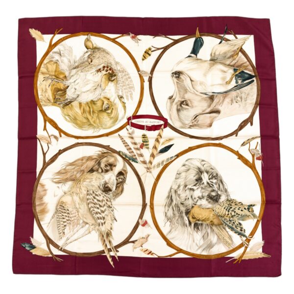 Hermes Silk Scarf Carre 90 "CHIENS AU RAPPORT" Purple Silk Scarf
