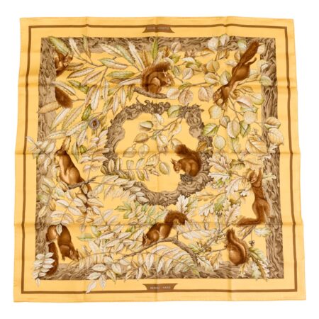 Hermes Silk Scarf Carre 90 "Casse Noisette Squirrel" Yellow Silk Scarf