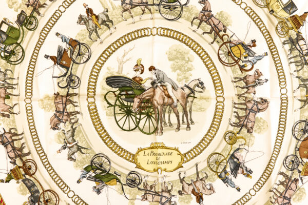 Hermes Silk Scarf Carre 90 "LA PROMENADE DE LONGCHAMPS" Red Silk Scarf - Image 4