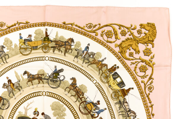 Hermes Silk Scarf Carre 90 "LA PROMENADE DE LONGCHAMPS" Pink Silk Scarf with Box - Image 4
