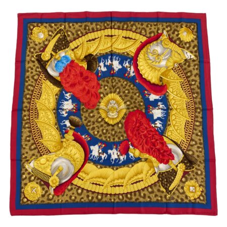 Hermes Silk Scarf Carre 90 "CASQUES et PLUMETS" Red Silk Scarf