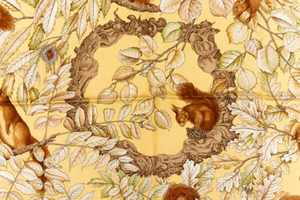 Hermes Silk Scarf Carre 90 "Casse Noisette Squirrel" Yellow Silk Scarf - Image 4