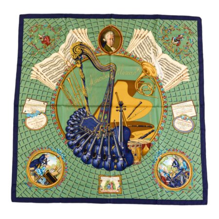 Bad! Hermes Silk Scarf Carre 90 "Wolfgang Amadeus Mozart" Green Silk Scarf