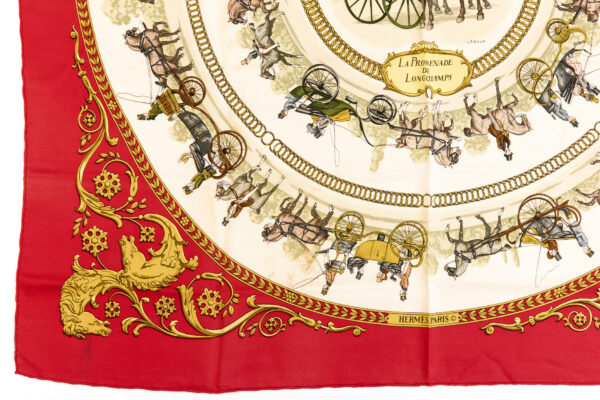 Hermes Silk Scarf Carre 90 "LA PROMENADE DE LONGCHAMPS" Red Silk Scarf - Image 5