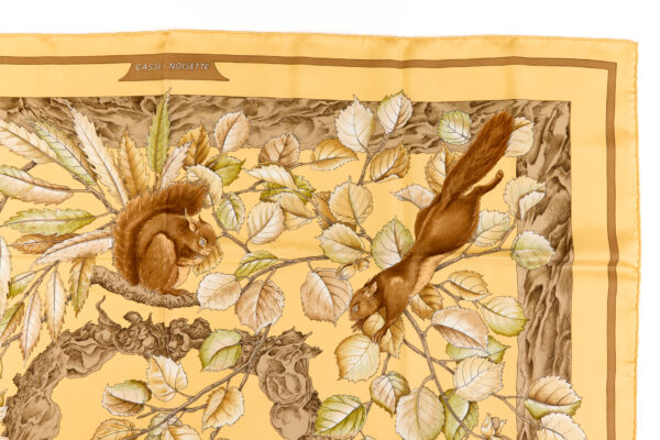 Hermes Silk Scarf Carre 90 "Casse Noisette Squirrel" Yellow Silk Scarf - Image 3