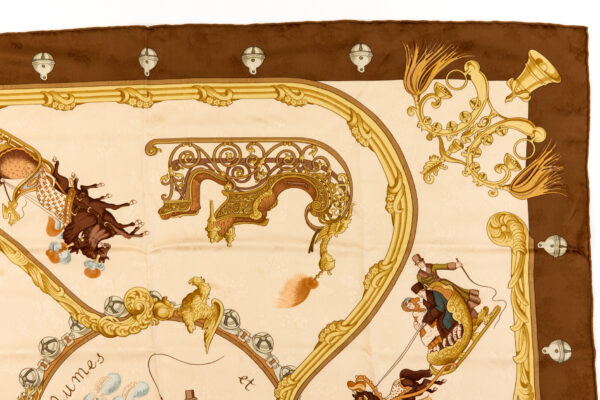 Hermes Silk Scarf Carre 90 "PLUMES ET GRELOTS" Brown Silk Scarf - Image 3