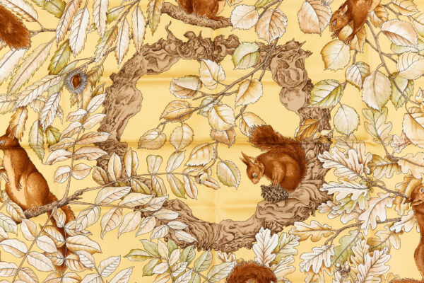 Hermes Silk Scarf Carre 90 "Casse Noisette Squirrel" Yellow Silk Scarf - Image 4