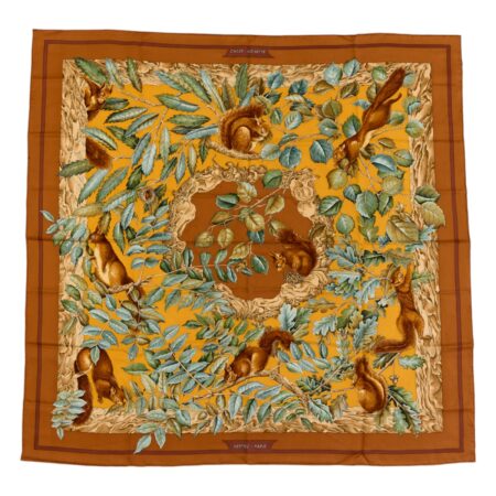 Hermes Silk Scarf Carre 90 "Casse Noisette Squirrel" Brown Silk Scarf