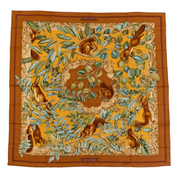 Hermes Silk Scarf Carre 90 "Casse Noisette Squirrel" Brown Silk Scarf