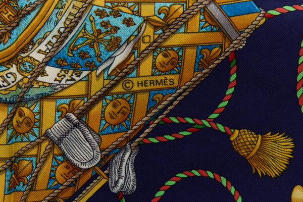 Hermes Silk Scarf Carre 90 "LES TAMBOURS" Blue Silk Scarf - Image 7