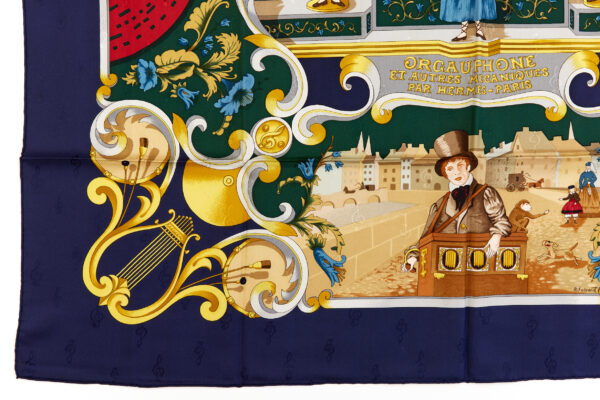Hermes Silk Scarf Carre 90 "Orgauphone et Autres Mecaniques" Blue Silk Scarf - Image 5
