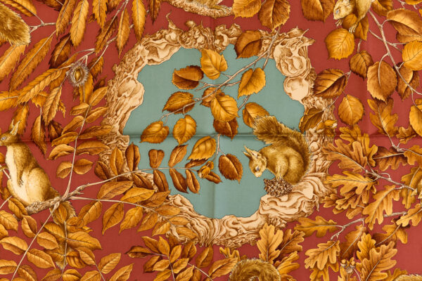 Hermes Silk Scarf Carre 90 "Casse Noisette Squirrel" Green Silk Scarf - Image 4
