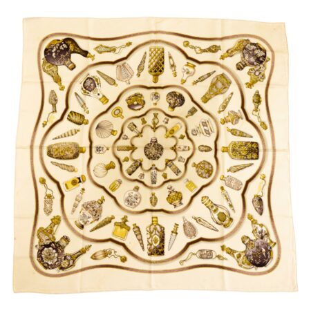 Hermes Silk Scarf Carre 90 "Qu'Importe Le Flacon" White Silk Scarf