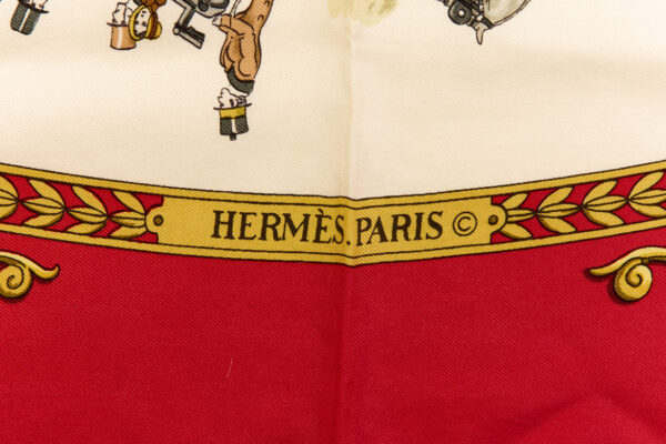Hermes Silk Scarf Carre 90 "LA PROMENADE DE LONGCHAMPS" Red Silk Scarf - Image 7