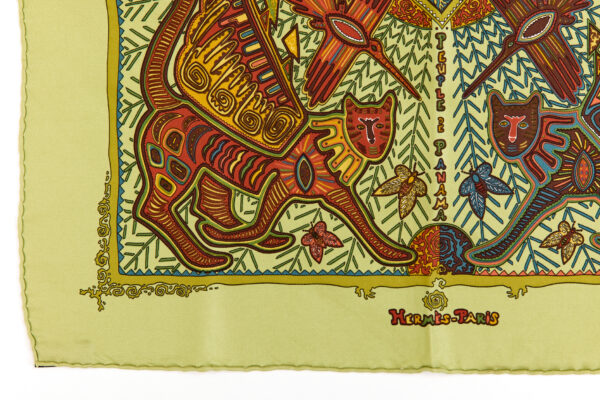 Hermes Silk Scarf Carre 45 "LEGENDE KUNA" Green Silk Scarf - Image 5