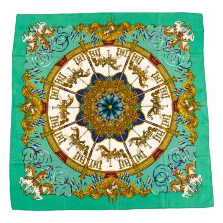Hermes Silk Scarf Carre 90 "LUNA PARK" Green Silk Scarf
