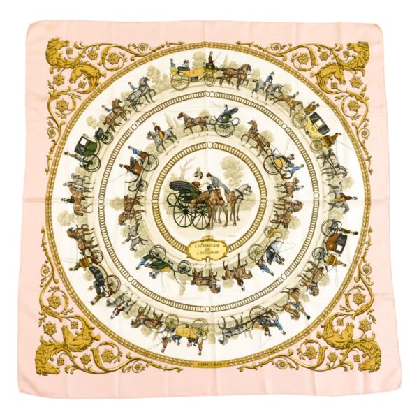Hermes Silk Scarf Carre 90 "LA PROMENADE DE LONGCHAMPS" Pink Silk Scarf