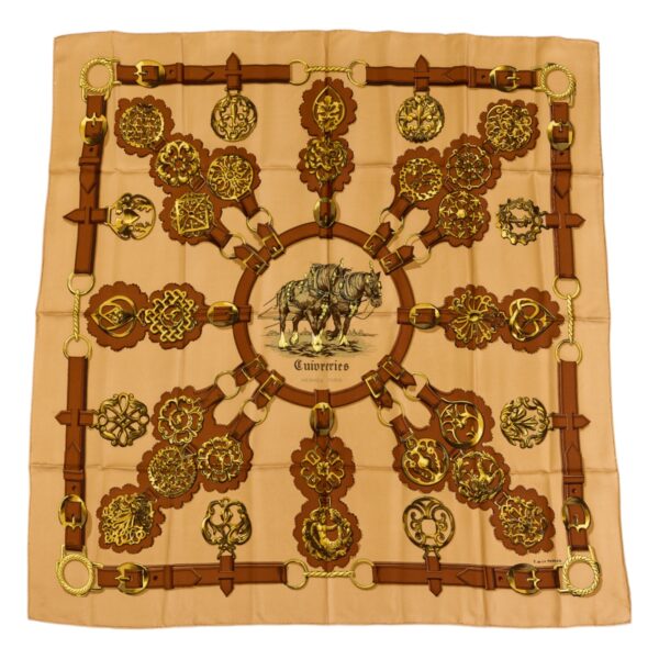 Hermes Silk Scarf Carre 90 "Cuivreries" Brown Silk Scarf