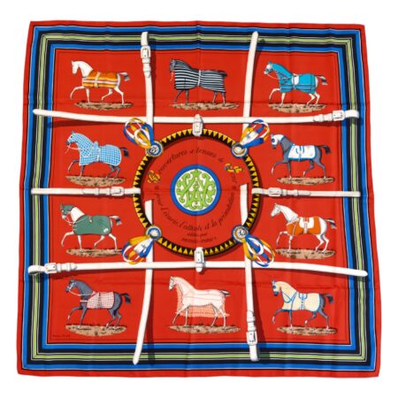 Hermes Silk Scarf Carre 90 "Couvertures et Tenues de Jour" Red Silk Scarf