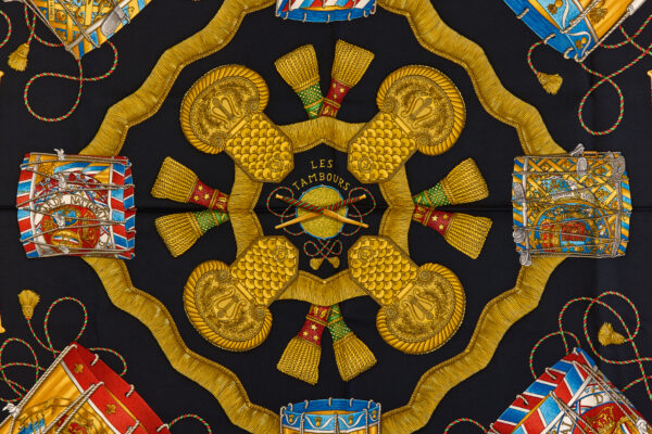 Hermes Silk Scarf Carre 90 "LES TAMBOURS" Black Silk Scarf - Image 4