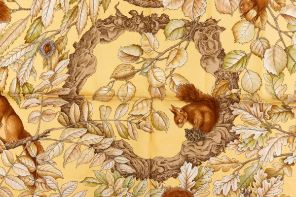 Hermes Silk Scarf Carre 90 "Casse Noisette Squirrel" Yellow Silk Scarf - Image 4