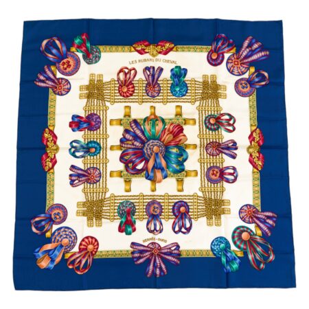 Hermes Silk Scarf Carre 90 "Les Rubans du Cheval" Blue Silk Scarf