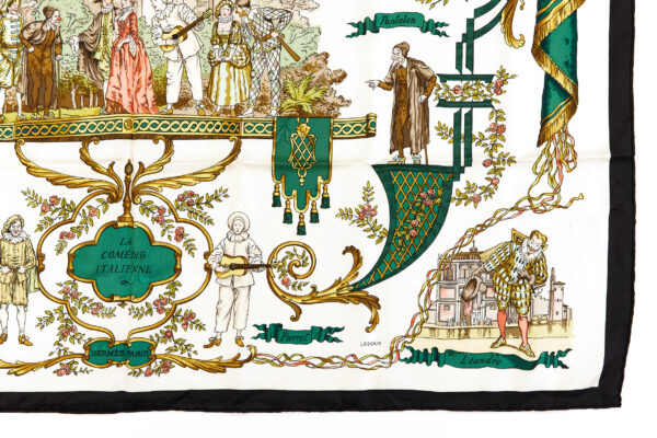 Hermes Silk Scarf Carre 90 "LA COMEDIE ITALIENNE" Green Silk Scarf - Image 6