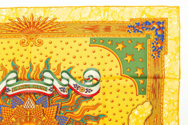 Hermes Scarf 90 "CARPE DIEM" Yellow, Multi Color 100% Silk Scarf 35" - Image 3