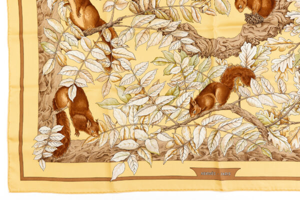 Hermes Silk Scarf Carre 90 "Casse Noisette Squirrel" Yellow Silk Scarf - Image 5