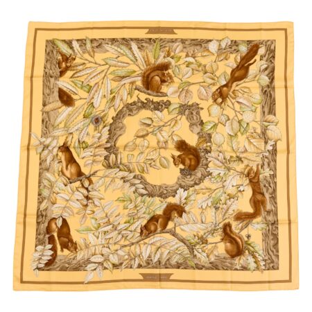 Hermes Silk Scarf Carre 90 "Casse Noisette Squirrel" Yellow Silk Scarf
