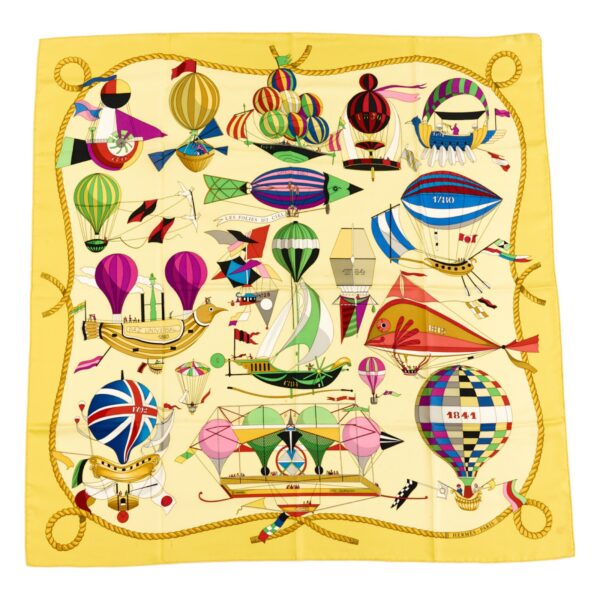 Hermes Silk Scarf Carre 90 "Les folies du Ciel" Yellow Silk Scarf