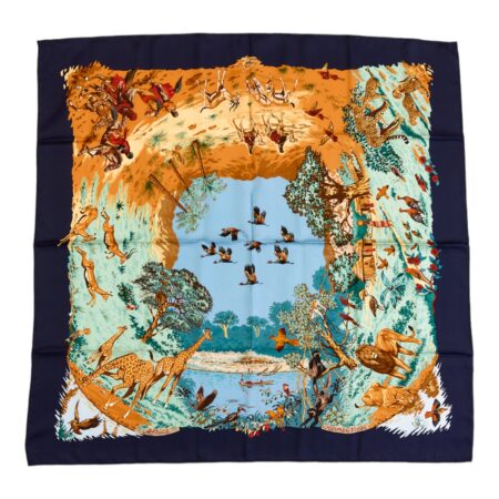 Hermes Silk Scarf Carre 90 "Africa" Blue Silk Scarf