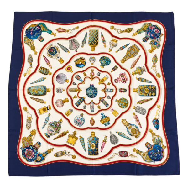 Hermes Silk Scarf Carre 90 "Qu'Importe Le Flacon" Blue Silk Scarf