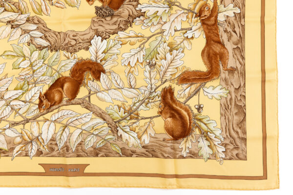 Hermes Silk Scarf Carre 90 "Casse Noisette Squirrel" Yellow Silk Scarf - Image 6