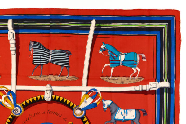 Hermes Silk Scarf Carre 90 "Couvertures et Tenues de Jour" Red Silk Scarf - Image 3