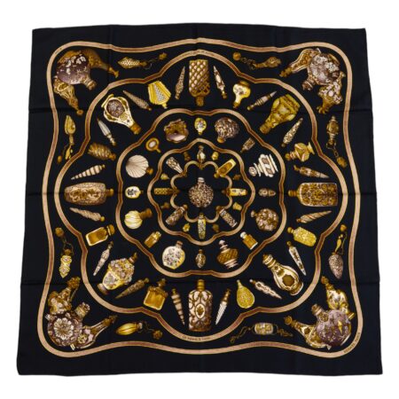 Hermes Silk Scarf Carre 90 "Qu'Importe Le Flacon" Black Silk Scarf