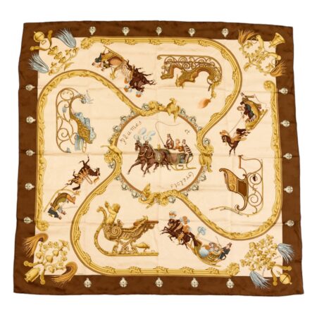 Hermes Silk Scarf Carre 90 "PLUMES ET GRELOTS" Brown Silk Scarf