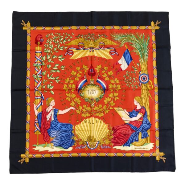 Hermes Silk Scarf Carre 90 "LIBERTE EGALITE FRATERNITE REPUBLIQUE FRANCAISE" Black Silk Scarf
