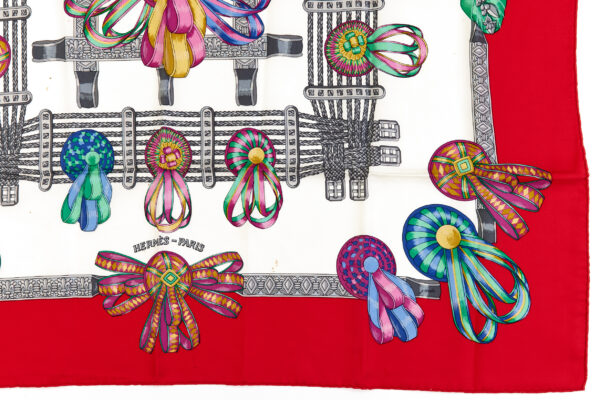 Hermes Silk Scarf Carre 90 "Les Rubans du Cheval" Red Silk Scarf - Image 6