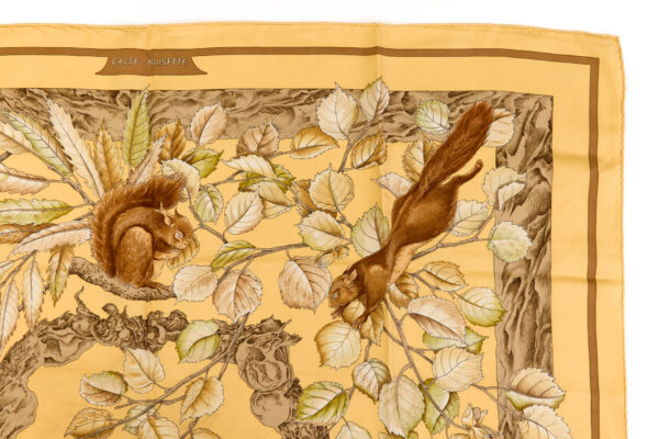 Hermes Silk Scarf Carre 90 "Casse Noisette Squirrel" Yellow Silk Scarf - Image 3