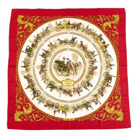 Hermes Silk Scarf Carre 90 "LA PROMENADE DE LONGCHAMPS" Red Silk Scarf