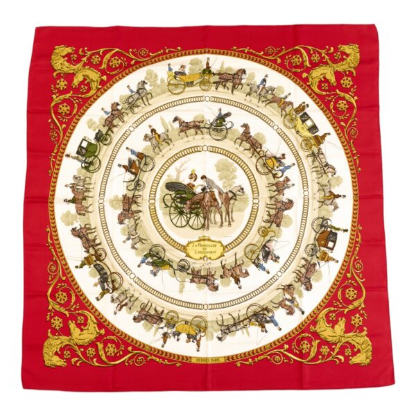 Hermes Silk Scarf Carre 90 "LA PROMENADE DE LONGCHAMPS" Red Silk Scarf