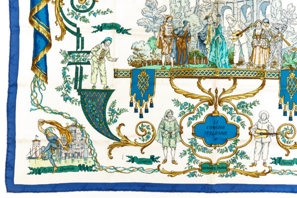 Rare Hermes Silk Scarf Carre 90 "LA COMEDIE ITALIENNE" Blue Silk Scarf - Image 5