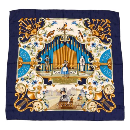 Hermes Silk Scarf Carre 90 "Orgauphone et Autres Mecaniques" Blue Silk Scarf