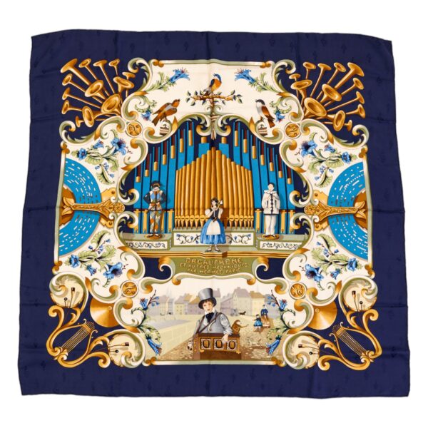 Hermes Silk Scarf Carre 90 "Orgauphone et Autres Mecaniques" Blue Silk Scarf