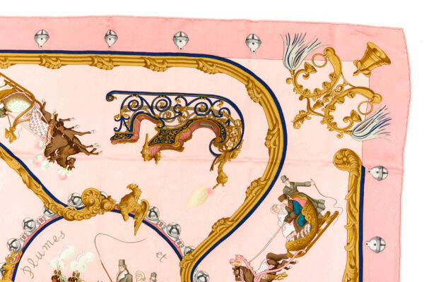 Hermes Silk Scarf Carre 90 "PLUMES ET GRELOTS" Pink Silk Scarf - Image 3