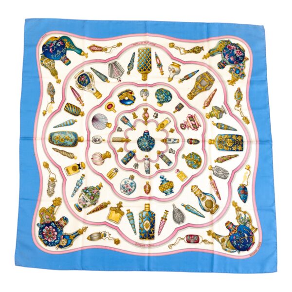 Hermes Silk Scarf Carre 90 "Qu Importe Le Flacon" Blue Silk Scarf