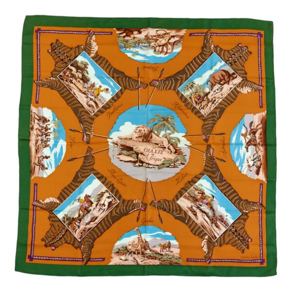 Hermes Silk Scarf Carre 90 "La Chasse en Afrique" Green Silk Scarf